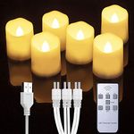 Homemory 6 PCS Rechargeable Flameless Tealights Votive Candles with Remote, Battery Tea Lights with Timer, Electric Fake Candle in Warm White （USB Charging Cable Included）