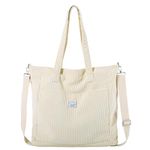 Vaschy Corduroy Tote Bag for Women,Casual Lightweight Large Work Tote with Zipper Hobo Shoulder Crossbody Bag Purse Beige