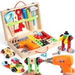 SAMVARDHAN 44Pcs Wooden Tool Kit Set for Kids with Electric Drill & Carry Case – Montessori Construction Toy Kit with Tools, Nuts & Bolts, Educational Building Set for Boys & Girls (3+ Years)