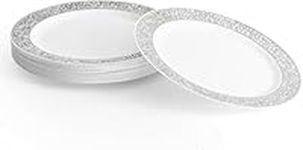 MATANA 20 Premium White Plastic Dinner Plates with Silver Lace Rim, 26cm / 10 Inch - Elegant & Reusable Party Tableware for Weddings, Birthdays, Picnic, BBQ, Parties