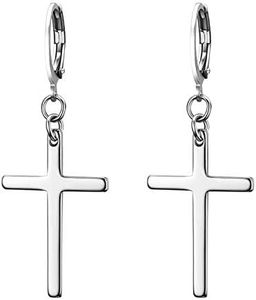 JewelryWe Pendientes para Hombre Mujer, Pendientes de Cruz para Hombre y Mujer, Pendiente de Cruz Largos de Acero Inoxidable, Color Plateado, Regalos para Cumpleaños y Navidad