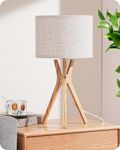 EDISHINE Modern Bedside Lamp, 46cm Tripod Table Lamp with Solid Wood Legs, Beige Linen Lampshade, Lamp for Bedroom Living Room, E27 Base, 2700K LED Bulb Included, Natural Wood Color