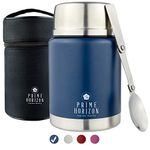 Prime Horizon Food Flask - 500ml Stainless Steel Vacuum Double Wall Jar with Folding Spoon, Leakproof and BPA Free. Free Insulated Travel Bag with Carabiner and Gift Box (Blue)