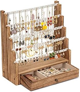 Pinzoveco Earring Organizer, 5 Layer Earring Holder Organizer with Necklace Holder Pole, Rustic Wood Jewelry Organizer Stand Display for Stud Earring Bracelet Necklace Ring, 175 Earring Holes