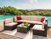 OUTLIVING Outdoor 6 Seater Sofa Set | Patio Furniture Balcony Sofa Sets | Wicker Rattan Garden Sofa Set with Cushion and Center Table - (Dark Brown)