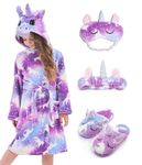 Girls Unicorn Hooded Robe with Matching Slippers, Headband, Blindfold Purple - 10-12 Years