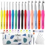 Crochet Hooks Set, 14Pcs Full Size Soft Handles Knitting Needles Kit + 10Pcs Crochet Locks + 9 Large Eye Hand Sewing Hooks + 1 60-Inch Tape Measure+Crochet Hook Case，Ideal Mother's Day Gift.