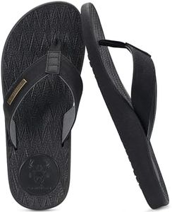 KuaiLu Mens Flip Flops Arch Support Comfortable Cushion Memory Foam Recovery Walking Waterproof Leather Thong Sandals Orthotic Plantar Fasciitis Summer Casual Beach Pool Slip on Slippers Black Size 9