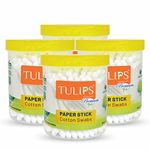 Tulips Premium Paper Stick Cotton Ear Buds (Pack Of 4) 100% Pure & Soft Cotton, 100 Sticks/ 200 Tips Each Pack - White