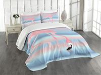 Ambesonne Flamingo Bedspread, Illustration of Royal Flamingo in The Lake Soft Pale with Romantic Colors Art Work, Decorative Quilted 3 Piece Coverlet Set with 2 Pillow Shams, Queen Size, Pink Blue