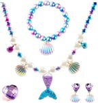 TASMAI MARKETING Mermaid Tail Necklace Earrings Bracelet,Mermaid Pearl Theme 5 Pcs Jewelery Set,Birthday Gift, Party Supplies,Princess Dress Up,Halloween Costume Accessories (Purple),Kids Necklace