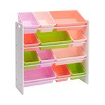 Amazon Basics Kids’ Toy Storage Organiser with 12 Plastic Bins, White Wood with Pink Bins, 27.7 D x 85.3 W x 79 H cm