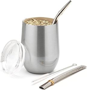 BALIBETOV Modern Mate Cup and Bombilla Set (Yerba Mate Cup) -Yerba Mate Set Includes Double Walled 18/8 Stainless Steel Mate Tea Cup, Two Bombilla Mate (Straw) and a Cleaning Brush (12 oz, Silver)