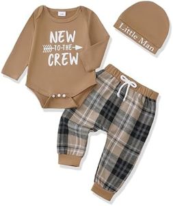 Renotemy Infant Baby Boy Clothes 12-18 Months Toddler Fall Winter Outfits Khaki Long Sleeve Letter Printed Round Neck Rompers Elastic Waist Plaid Pants Hat 1 Year Old Boys Birthday Gift Clothing Set