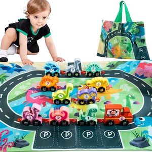 HELLOWOOD Wooden Dinosaur Train Set with Numbers,11 Pieces Train Cars Includes Locomotive & Starage Bag, Count & Color Montessori Educational Toys for Toddlers Age 1 2 3 4