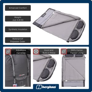 Berghaus Double Sleeping Bag – Waterproof, Built-in Pillow, 2-3 Season, Grey