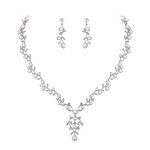 EVER FAITH Bridal Cubic Zirconia Jewelry Set for Women, White Simulated Pearl Leaf Vine Pendant Necklace Earrings Set Clear Silver-Tone