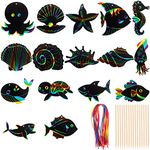 64 Pcs Sea World Theme Scratch Cards Rainbow Color Scratch Crafts Art Card Shell Dolphin Starfish Tortoise Scratch Card Art Kit with 70 pcs Wood Stylus Ribbon for Classroom DIY Art Craft Party Favors