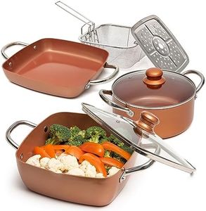 Moss & Stone 7 Pcs Copper Pots and Pans Set, Copper Chef Cookware Non Stick, Square Copper Pans for Cooking, Round Copper Pot & Fry Basket, Oven Safe 5 Quart Deep Frying Pan, Induction Cookware Set