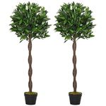 Outsunny Set Of 2 120cm/4FT Artificial Bay Laurel Topiary Trees w/Pot Fake Indoor Outdoor Greenery Plant Home Office Garden Decor Green