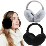 FSMILING 2 Pack Ear Muffs Women Adjustable Fluffy Winter Ear Muffs Foldable Women's Earmuffs For Ladies Adults,Black Grey Ear Muffs