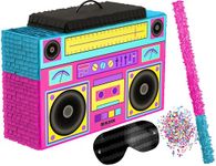 Boombox Pinata 4-Piece Set perfect for Retro Birthday Party, Decorations, 80s Parties, Hip Hop 90s, 1980’s Radio Piñata for kids and adults (17”X10”) durable!