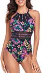 RELLECIGA Women's Black-Fuchsia Floral High Neck Mesh Splicing One Piece Swimsuit Size Large