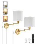 Plug in Wall Sconces with Remote Control, Dimming 10%-100% & Adjustable Colors 2700K-6500K, Hardwire or Plug-in, Swing Arm Wall Lamp with White Fabric Shade, Wall Sconces Set of Two, Gold Finish