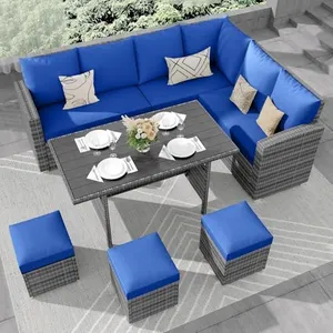7 Piece Outdoor Patio Furniture Set with Plastic Wooden Table, Patio Rattan Conversationr Sofa Set, All Weather Sectional Rattan Sofa and Chairs, Garden, Porch, Poolside, Gray + Sky Blue
