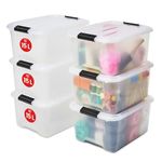 Iris Ohyama Plastic Storage Boxes with Lids, 15L, Set of 6, Clear, Latching Buckles with Handles, Stackable, Nesting, Strong & Durable, For Closet, Garage, Home, Office, Organising Tote Bins, TB-15