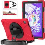 Rugged Case for Lenovo-Tab-M10-Plus (3rd Gen) 10.6" 2022 w/Stylus Holder & 360° Rotating Kickstand, Heavy Duty Hybrid Shock-Proof Cover with Hand/Shoulder Strap TB125FU/TB128FU/TB128XU (Red)