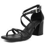 Latasa Heels for Women Chunky Heel Strappy Block Heels Ankle Strap Square Toe Heeled Sandals, Black, 6.5 UK