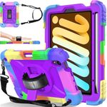 BMOUO iPad Mini 6 Case, iPad Mini 6th Generation Case, iPad Mini 6 Case 2021, Rugged Shockproof 360°Rotating Stand Hand Strap Pencil Holder Kids Case for iPad Mini 6 8.3 inch 2021, Purple