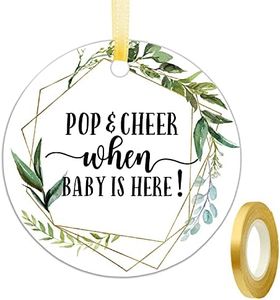 Baby Shower Mini Champagne Bottle Favor Tags, Pop and Cheer When Baby is Here Tags, Greenery Champagne Baby Shower Favor Tags, 2 Inches, 50 Count with Golden Ribbon