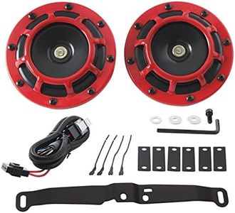 FARBIN Electric Car Horn Loud 12v Supertone Horns with Bolt-On Mounting Bracket H/L Tone Waterproof Twin Horns Kit with Relay Wire (red horn with harness and bracket)