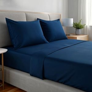 gobedreams Juego de Sábanas 4 Piezas 150x190/200. Sábanas de Cama de Poliéster Microfibra cepillada. Sábana Plana, Sabana Bajera Ajustable y 2 Fundas de Almohada. Color Azul Marino