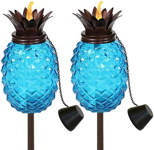 Sunnydaze Tropical Pineapple 3-in-1 Glass Patio Torches - 23- to 63-Inch Adjustable Height - Set of 2 - Blue