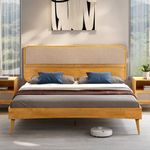Bme Calista King Size Bed Frame – Solid Wood Platform Bed with Upholstered Headboard, Teak Brown Finish, Mid-Century Modern Style with Sturdy Slats & Tapered Legs, No Box Spring Needed