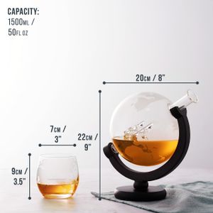 Oak & Steel Large Globe Whiskey Decanter Set – 1500ml with 2 Glasses, Stones & Stand – Gift for Men