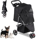 Foldable Pet Stroller for Cats and Dogs 3 Wheels Carrier Strolling Cart with Weather Cover, Storage Basket + Cup Holder