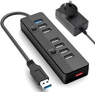 USB 3.0 HUB Powered with 15W Power Adapter Supply (5V/3A)，1 Port USB 3.0+ 6 Port USB 2.0 Data Hub Portable USB Splitter with Individual ON/Off Switches for Mouse, Keyboard, Hard Drive and More