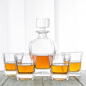 Novare Oval Whiskey Decanter Bottle with 4 Whiskey Glasses Set