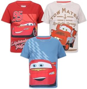 Disney Cars Lightning McQueen Boys 3 Pack Short Sleeve Crew Neck T-Shirt for Toddler and Big Kids, Blue/Red/Grey, 2T