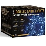 Christmas Tree Lights 1000 LED 25m Cool White - 2.5cm Bulb Distance Fairy String Lights Plug in with Timer and Memory Functions - Suitable for Outdoor/Indoor Use