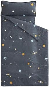 Wake In Cloud - Toddler Nap Mat with Pillow and Blanket, 100% Cotton Fabric, for Kids Boys Ages 3 Plus in Daycare Kindergarten Preschool, Roll Up Sleeping Bag, Galaxy Spaces, Gray, Standard