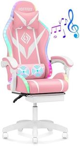 HOFFREE RGB Gaming Chair with Speakers and Massage Ergonomic Computer Chair with Lights and Footrest Reclining Video Game Chairs for Adults Pink and White