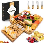 Bamboo Cheese Board with Knife Set, Charcuterie Platter Including Slide-Out Hidden Drawer & 4 Stainless Steel Knife and Utensils-Gifts for Christmas, Wedding, Birthday, Anniversary, Thanksgiving Day
