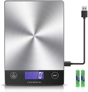 CROWNFUL Food Scale, Rechargeable 304 Stainless Steel Digital Kitchen Scale Upto 33lb Weight Grams and Ounces with LCD Display and Type-C Charging for Baking and Cooking