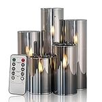 Eywamage Slim Tall Grey Glass Flameless Candles with Remote, Batteries Included, Flickering LED Pillar Votive Candles Set of 5