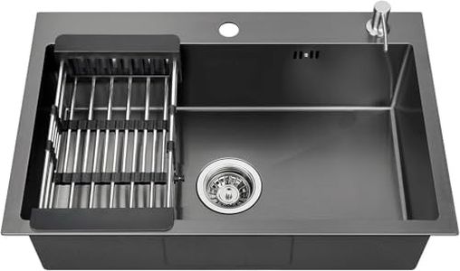 Lonheo Fregadero cocina 1 seno 68 x 45 cm, gran fregadero negro sobre encimera con Escurridor y Dispensador de jabón, incluyendo sifón, rebosadero y desagüe